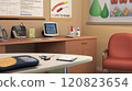 Diabetes care room featuring a consultation desk, glucose meter, and educational posters about diabetes management. The space includes a table for blood sugar testing demonstrations 120823654