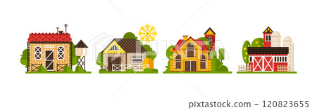 Townhouse and Rural House with Tree Flat Vector Set 120823655
