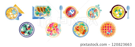 Different Food and Delicious Served Dish on Plate Vector Set Different Food and Delicious Served Dish on Plate Vector Set 120823663