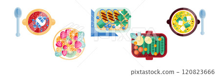 Different Food and Delicious Served Dish on Plate Vector Set 120823666