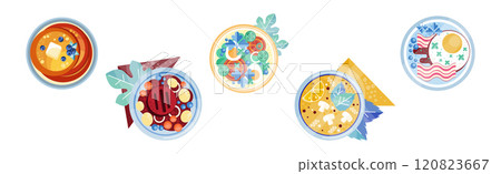 Different Food and Delicious Served Dish on Plate Vector Set 120823667