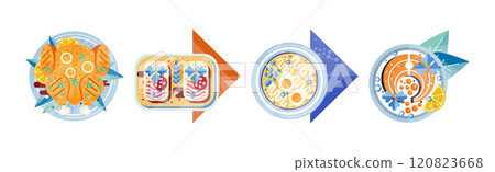 Different Food and Delicious Served Dish on Plate Vector Set 120823668