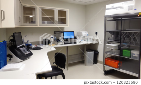 A modern genetic testing lab featuring advanced DNA sequencing machines, a workstation displaying genetic data on computers, and a centrifuge for sample preparation. The room has white walls 120823680