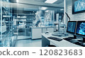 A modern genetic testing lab featuring advanced DNA sequencing machines, a workstation displaying genetic data on computers, and a centrifuge for sample preparation. The room has white walls 120823683