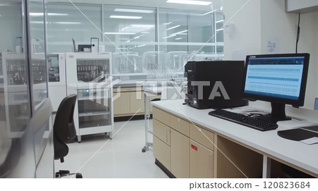 A modern genetic testing lab featuring advanced DNA sequencing machines, a workstation displaying genetic data on computers, and a centrifuge for sample preparation. The room has white walls 120823684