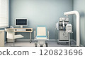 A respiratory therapy room equipped with a pulmonary function test machine, nebulizers, and oxygen therapy equipment. The room features a patient examination chair 120823696