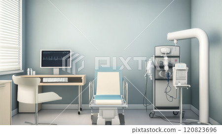 A respiratory therapy room equipped with a pulmonary function test machine, nebulizers, and oxygen therapy equipment. The room features a patient examination chair 120823696