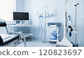 A respiratory therapy room equipped with a pulmonary function test machine, nebulizers, and oxygen therapy equipment. The room features a patient examination chair 120823697