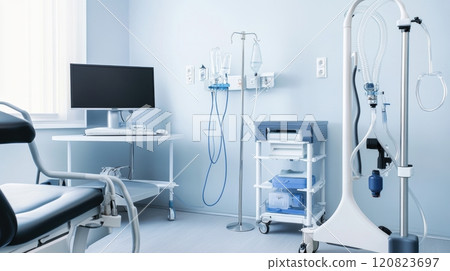 A respiratory therapy room equipped with a pulmonary function test machine, nebulizers, and oxygen therapy equipment. The room features a patient examination chair 120823697