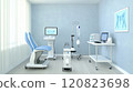 A respiratory therapy room equipped with a pulmonary function test machine, nebulizers, and oxygen therapy equipment. The room features a patient examination chair 120823698