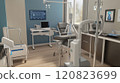A respiratory therapy room equipped with a pulmonary function test machine, nebulizers, and oxygen therapy equipment. The room features a patient examination chair 120823699
