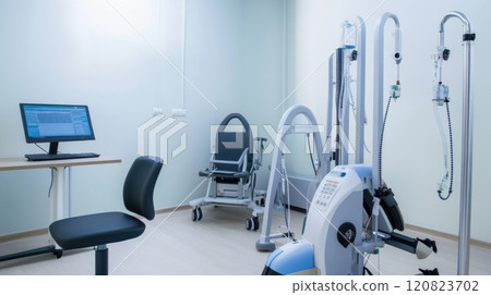 A respiratory therapy room equipped with a pulmonary function test machine, nebulizers, and oxygen therapy equipment. The room features a patient examination chair 120823702