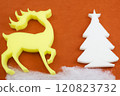 A yellow reindeer and a white Christmas tree made of sponge 120823732
