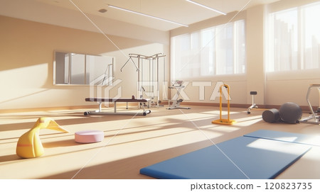 A modern physiotherapy rehabilitation room with therapy mats, balance boards, resistance bands, parallel bars for gait training, an exercise bike, and a wall mirror for movement correction. A modern physiotherapy rehabilitation room with therapy mats, balance boards, resistance bands, parallel bars for gait training, an exercise bike, and a wall mirror for movement correction. 120823735