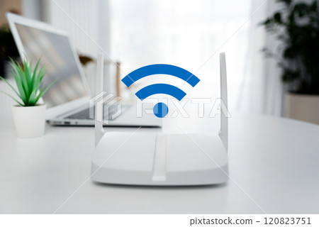 Modern wi-fi router on light table in room 120823751