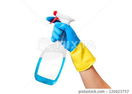 Cleaning services, hand with spray bottle isolated 120823757