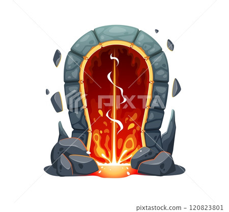 Magic portal door, fantasy fairytale teleport game asset. Isolated cartoon vector mystical ancient tunnel with arched stone doorway and fiery energy beckoning adventurer to traverse fantastical worlds 120823801
