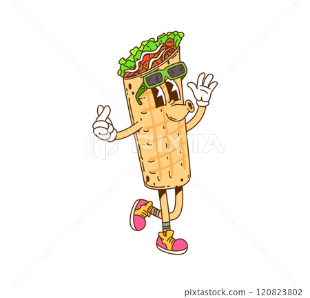Retro cartoon groovy fast food shawarma or burrito hippie character with cheerful expression, wearing vintage sneakers and sunglasses. Isolated vector delicious roll with meat, personage for kids menu 120823802
