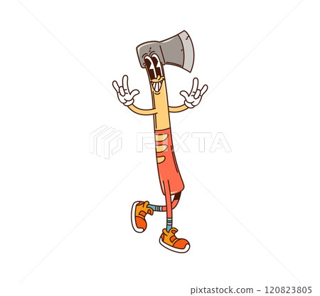 Groovy work tool or DIY cartoon character of axe with funny face, vector emoji. Groovy axe work tool of building and carpentry or repair with happy smile and funky gesture as retro cartoon character Groovy work tool or DIY cartoon character of axe with funny face, vector emoji. Groovy axe work tool of building and carpentry or repair with happy smile and funky gesture as retro cartoon character 120823805