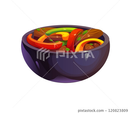 Mexican fajitas, stir fried dish, include colorful sauteed strips of bell peppers, onions, herbs and meat, served in a bowl. Isolated cartoon vector traditional Mexican meal, restaurant food, dinner Mexican fajitas, stir fried dish, include colorful sauteed strips of bell peppers, onions, herbs and meat, served in a bowl. Isolated cartoon vector traditional Mexican meal, restaurant food, dinner 120823809