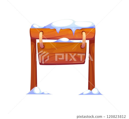 Christmas cartoon signboard cowered with snow. Christmas rustic isolated vector empty wooden sign, Xmas or winter season plank signpost or banner. Snowy sign board hanging on two pillars 120823812