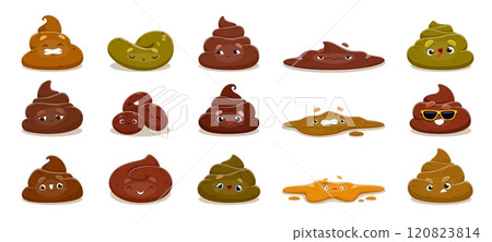 Cartoon poop emoji, poo characters with funny faces, sunglasses and cute smiles. Happy poop and excrement vector emojis, brown toilet shit and stinky poo emoticons. Isolated piles of crap and feces 120823814