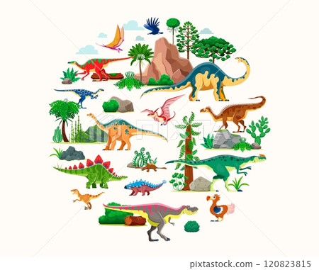 Prehistoric dinosaurs, cartoon vector dino characters in round isolated shape amidst Jurassic era landscape with palm trees, ferns , plants and rocks. Paleontology science reptile animal creatures 120823815