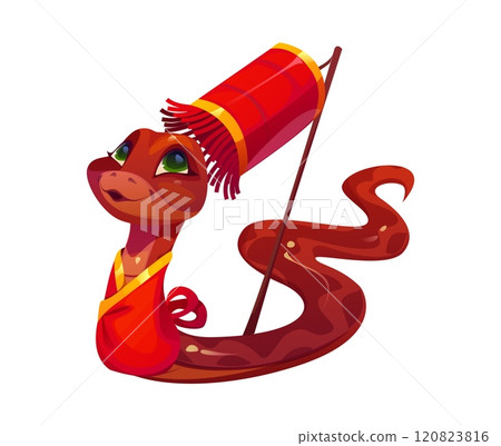 Cartoon snake character holding a red festival lantern, symbolizing the Chinese lunar year, wealth and prosperity. Charming vector zodiac reptile animal conveys a festive and traditional atmosphere 120823816
