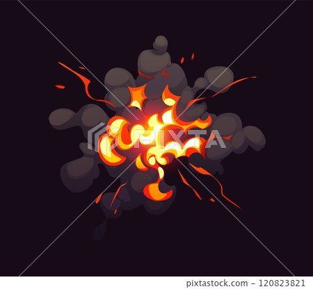 Comic fire and smoke. Bomb blast explosion effect, cartoon boom clouds with vibrant flames and dark smoke, emphasizing the intensity and movement of the blast, energy, power or explosive weapon hit Comic fire and smoke. Bomb blast explosion effect, cartoon boom clouds with vibrant flames and dark smoke, emphasizing the intensity and movement of the blast, energy, power or explosive weapon hit 120823821