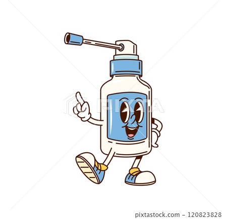 Groovy medical nasal spray character with playful expression wearing sneakers, radiating energy and joy. Isolated cartoon vector medicine sprayer bottle retro personage conveying health and funky vibe 120823828