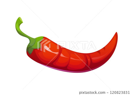 Cartoon red chili pepper, spicy Mexican jalapeno pod plant. Isolated vector whole raw vibrant and bountiful hot chilly, guindilla, paprika natural spice, adding flavor to culinary creations and dishes Cartoon red chili pepper, spicy Mexican jalapeno pod plant. Isolated vector whole raw vibrant and bountiful hot chilly, guindilla, paprika natural spice, adding flavor to culinary creations and dishes 120823831