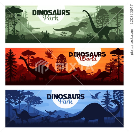 Prehistoric dinosaurs silhouettes on horizontal banners of Jurassic era, vector backgrounds. Dino world or dinosaurs adventure park or museum banners with T-rex and prehistoric giants at sunset Prehistoric dinosaurs silhouettes on horizontal banners of Jurassic era, vector backgrounds. Dino world or dinosaurs adventure park or museum banners with T-rex and prehistoric giants at sunset 120823847