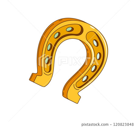 Cartoon retro groovy golden horseshoe, saint Patrick day holiday symbol of luck and prosperity. Isolated vector sign of Ireland festival celebrations, merging traditions with festive folklore legends Cartoon retro groovy golden horseshoe, saint Patrick day holiday symbol of luck and prosperity. Isolated vector sign of Ireland festival celebrations, merging traditions with festive folklore legends 120823848