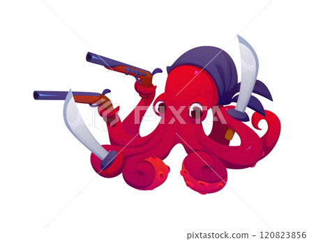 Cartoon funny octopus pirate animal character. Isolated vector menacing kraken sailor brandishing guns and sabers, its tentacles swirling with mischief, ready for a nautical adventure on the high seas 120823856