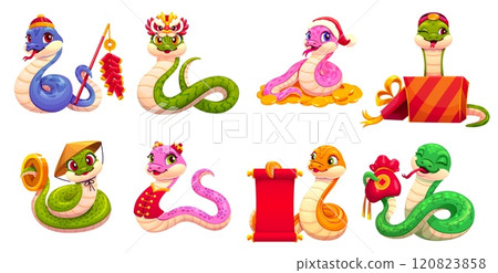 Chinese new lunar year cartoon snake characters. Cartoon vector reptiles, symbol of 2025 year with gold coin, money sack, red scroll, gift box, santa or dragon hat conveys joy, prosperity, celebration Chinese new lunar year cartoon snake characters. Cartoon vector reptiles, symbol of 2025 year with gold coin, money sack, red scroll, gift box, santa or dragon hat conveys joy, prosperity, celebration 120823858