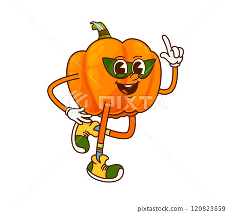Cartoon groovy pumpkin superhero vegetable character. Isolated vector ripe fresh gourd super hero personage in mask. Funny fairytale comics squash, healthy food, vitamin garden plant pointing finger Cartoon groovy pumpkin superhero vegetable character. Isolated vector ripe fresh gourd super hero personage in mask. Funny fairytale comics squash, healthy food, vitamin garden plant pointing finger 120823859