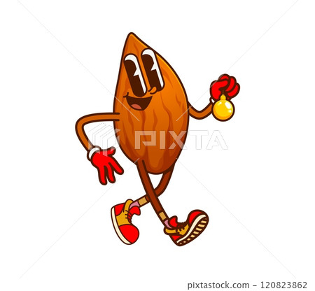 Christmas almond nut groovy character joyfully holding shiny bauble. Isolated cartoon vector lively food personage dressed in bright red sneakers and gloves embodying festive spirit of holiday season Christmas almond nut groovy character joyfully holding shiny bauble. Isolated cartoon vector lively food personage dressed in bright red sneakers and gloves embodying festive spirit of holiday season 120823862