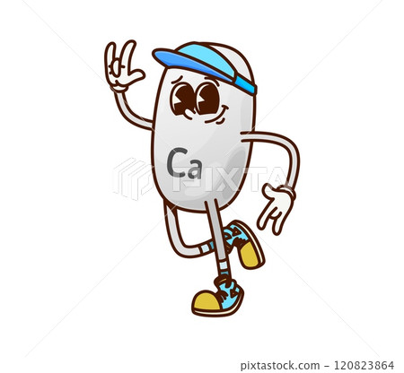Cartoon groovy Ca vitamin micronutrient character. Isolated vector Calcium capsule retro y2k personage happily posing in hippie cap and sneakers, exuding funky vibe for themes of minerals and wellness 120823864