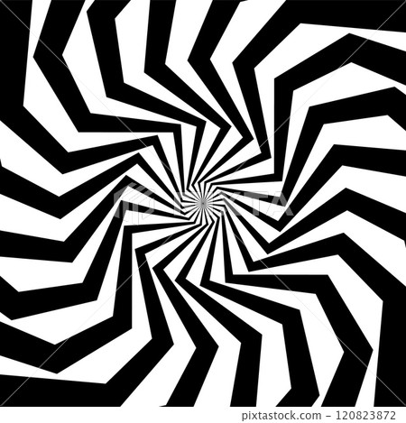 Psychedelic hypnosis swirls of hypnotic spiral pattern in geometric vortex, vector background. Hypnotic tunnel illusion effect with spiral twirls or black geometric line waves in psychedelic pattern 120823872