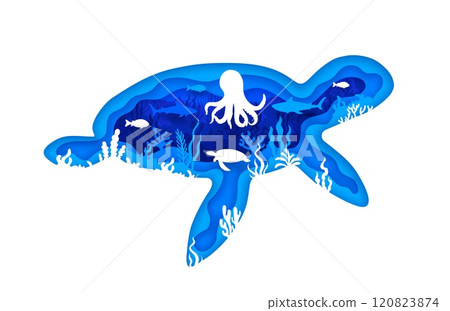 Paper cut underwater landscape with turtle silhouette frame borders, vector sea animals and fish. Tropical coral reef paper cut underwater landscape with octopus, shark, sea turtle and seaweed 120823874
