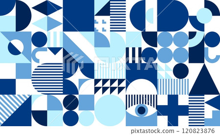 Nautical marine blue and white abstract geometric Bauhaus pattern background. Corporate identity retro minimalism vector backdrop, color graphic composition collage or geometrical shapes pattern 120823876