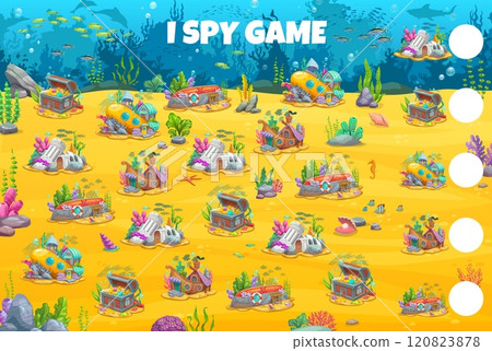 I spy game worksheet, underwater cartoon houses and fairytale buildings. Vector riddle with treasure chest, ruin, ship, submarine and boat fantasy homes on sea bottom. How many dwellings children test I spy game worksheet, underwater cartoon houses and fairytale buildings. Vector riddle with treasure chest, ruin, ship, submarine and boat fantasy homes on sea bottom. How many dwellings children test 120823878
