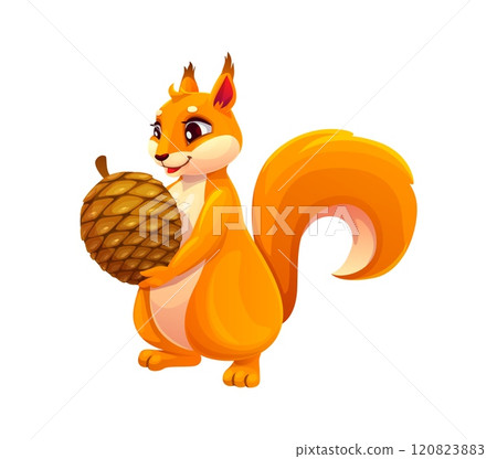Cartoon squirrel character holds a large pine cone. Isolated vector cute and funny woodland rodent animal with bright orange fur, fluffy tail, and an adorable expression, holding pinecone ready to eat 120823883