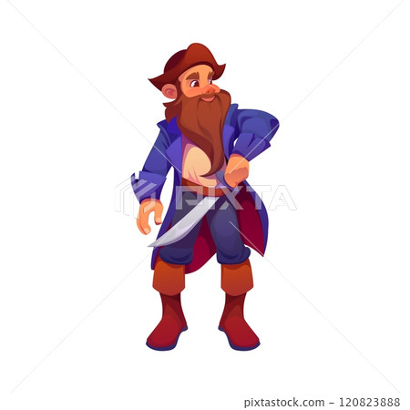 Cartoon pirate and corsair captain character in tricorn hat. Isolated vector swashbuckling rover personage with beard and mustaches, stands with saber tucked in his belt ready for high seas adventures 120823888