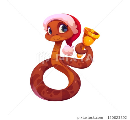 Cute cartoon 2025 Chinese lunar year snake character wearing Santa hat and holding shiny gold bell. Isolated vector reptile animal with happy expression, festive and cheerful holiday zodiac symbol 120823892