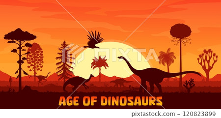Sunset landscape with prehistoric era dinosaur silhouettes, vector background. Jurassic dinosaurs, lizards and reptiles silhouettes in sunset for dino park or paleontology museum and atlas book 120823899