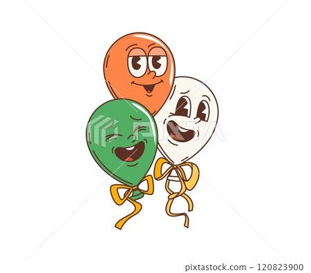 Cartoon retro groovy balloons character for Saint Patrick Day holiday, vector characters. Happy funny groovy balloon with faces and Irish flag colors on ribbons for St Patrick Day holiday in Ireland Cartoon retro groovy balloons character for Saint Patrick Day holiday, vector characters. Happy funny groovy balloon with faces and Irish flag colors on ribbons for St Patrick Day holiday in Ireland 120823900