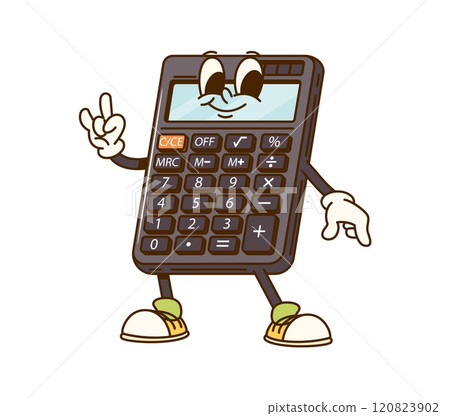 Groovy calculator school education and stationery character. Isolated cartoon vector fun office supplies personage with smiling happily, ready for math lesson and calculation tasks with retro vibes Groovy calculator school education and stationery character. Isolated cartoon vector fun office supplies personage with smiling happily, ready for math lesson and calculation tasks with retro vibes 120823902