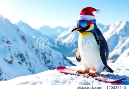 Penguin on Snowboard. Penguin in Santa Claus hat and ski mask, Snowy Mountains in the background. Concept Winter Sports and Active Recreation in the Mountains. Copy Space 120823940