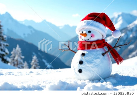 Snowman in a Santa Claus hat and a red scarf on snow in the winter, Snowy Mountains in the background. Close-up of little funny Snowman. Illustration with Copy Space 120823950